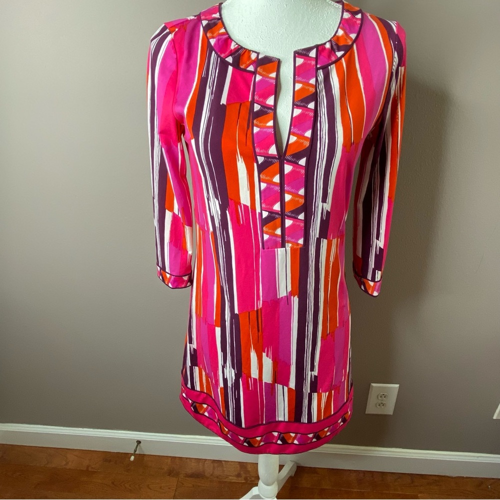 BCBG MAXAZRIA multicolor printed 3/4 sleeve jersey shift tunic dress Sz XS